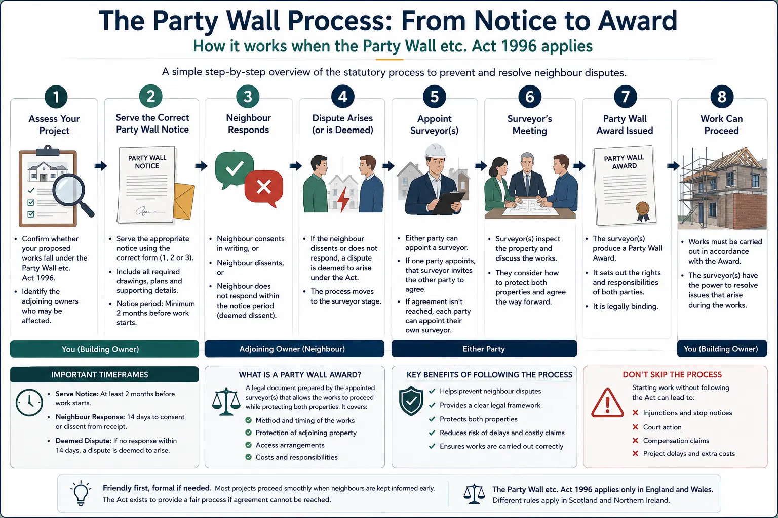 Do I Need a Party Wall Agreement? An infographic showing the party wall process from notice to award in a very interactive way for the citizens living in Camden, UK