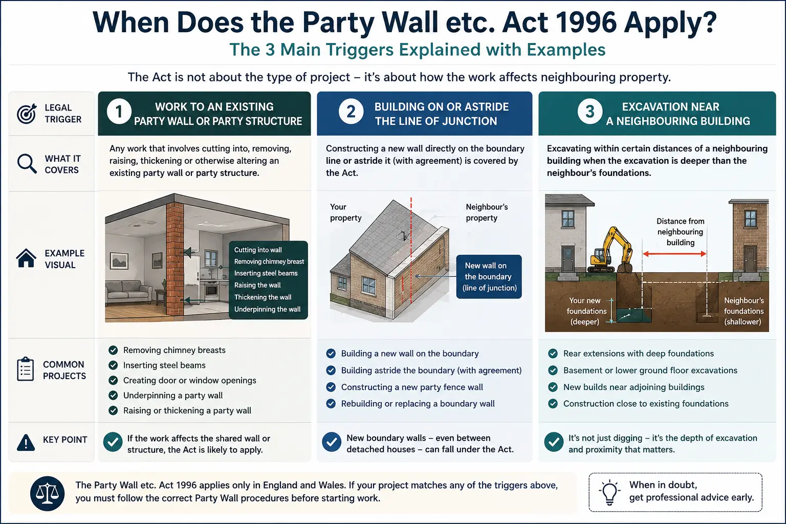 Do I Need a Party Wall Agreement? An infographic showing when does the party wall etc act 1996 apply like excavation, junction, painting, in Camden, UK